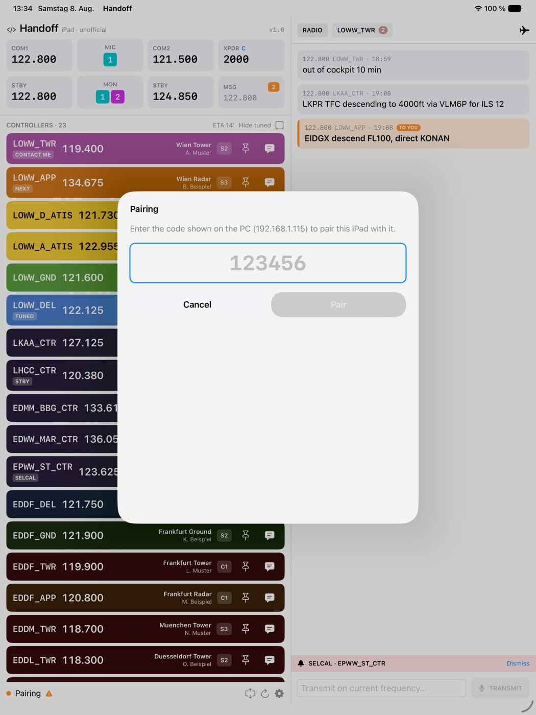 Pairing dialog asking for the code shown on the PC