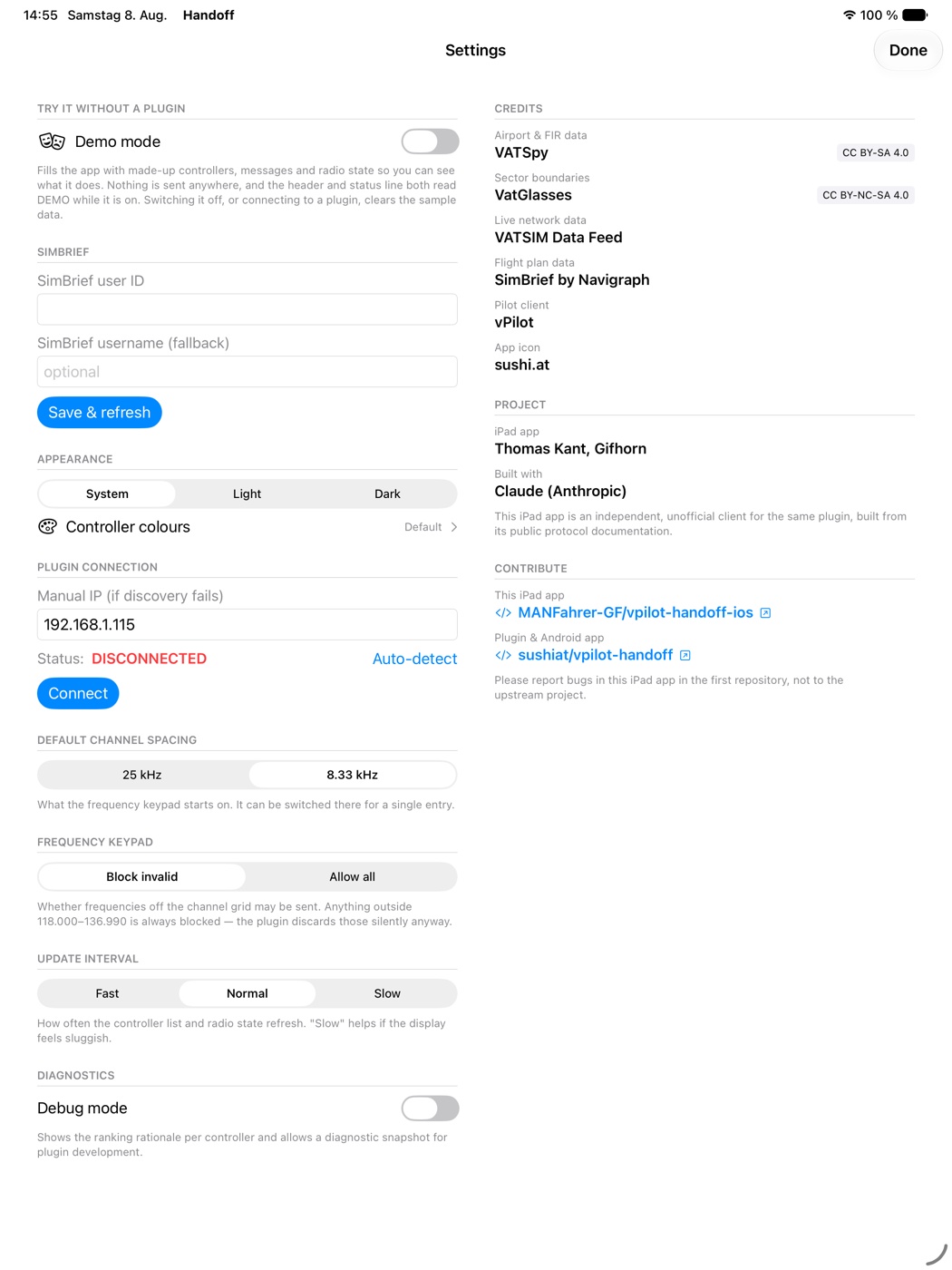 Settings with demo mode, SimBrief, appearance, connection, channel spacing, update interval and credits
