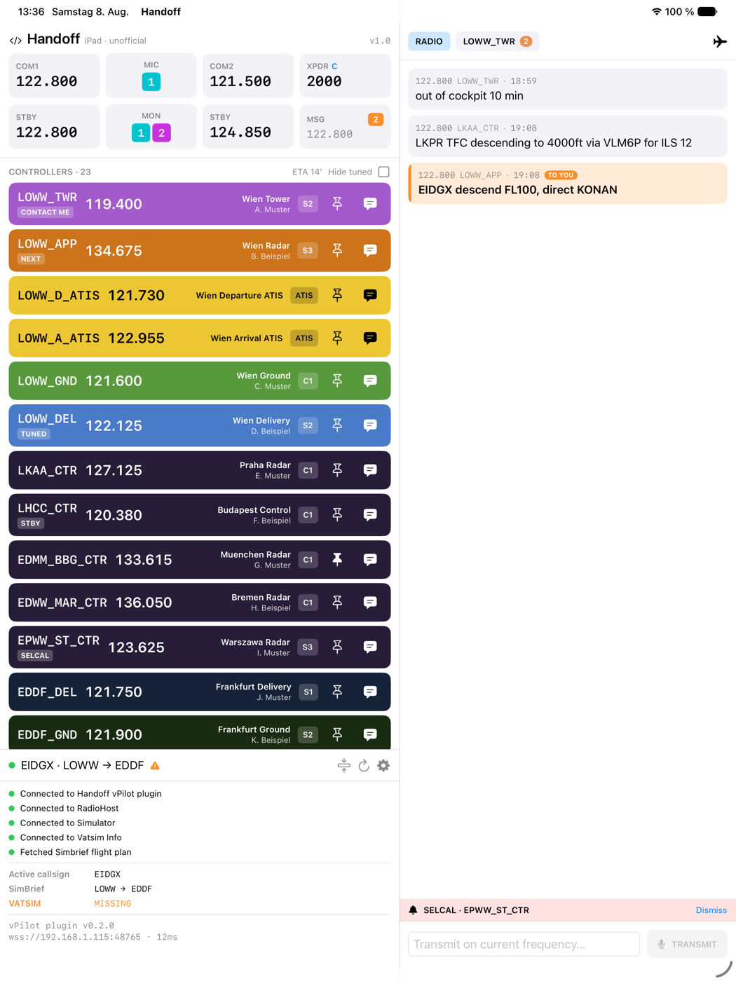 Expanded status footer with subsystem states, flight-plan comparison and plugin version