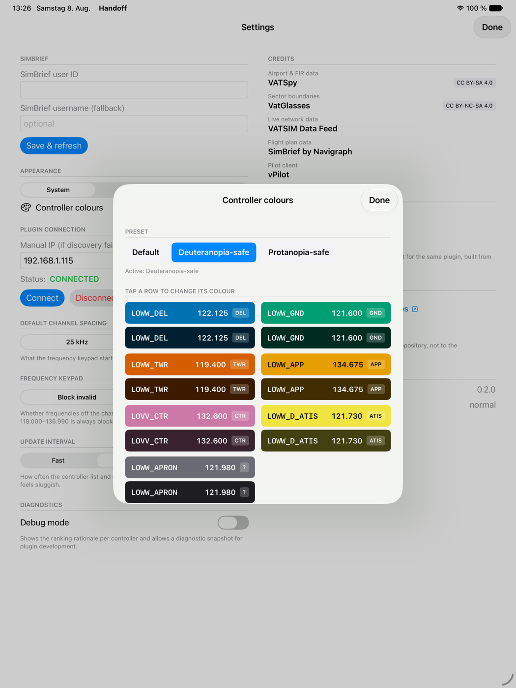 Theme editor showing each facility in full and dimmed colour